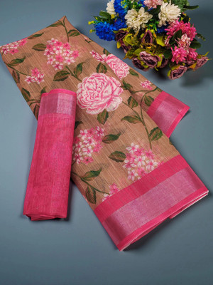 Myraani Floral Print Daily Wear Cotton Linen Saree(Red)