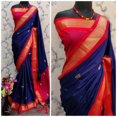 Fab Silk Embroidered Paithani Cotton Silk Saree(Blue)