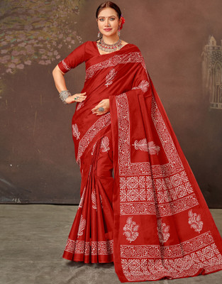 all about you Blocked Printed, Printed Daily Wear Cotton Blend Saree(Red, White)