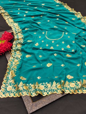 MIYANIFAB Embroidered, Floral Print Bollywood Georgette Saree(Light Blue)