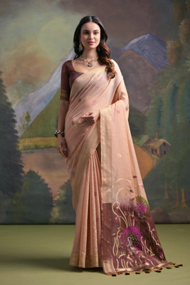 PeachPetals Floral Print, Self Design Banarasi Cotton Silk Saree(Pink)