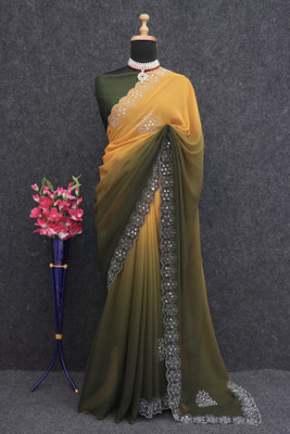 agb tex Temple Border, Self Design Bollywood Georgette Saree(Yellow)