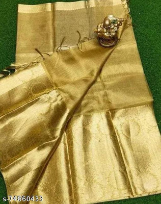 VILLAGIUS Temple Border, Woven Banarasi Tissue, Silk Blend Saree(Beige)