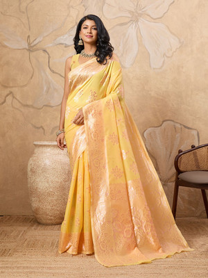 PRIMENIKS Woven Banarasi Cotton Silk Saree(Yellow)