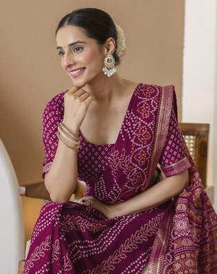 SIRIL Printed Bandhani Chiffon, Georgette Saree(Purple)