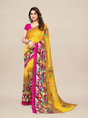 Moda Rapido Printed Daily Wear Pure Cotton Saree(Yellow)