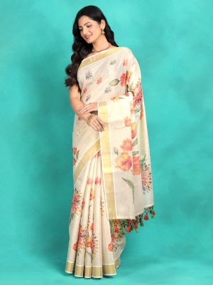 DEVALA WEAVERS SOCIETY Floral Print Kasavu Pure Cotton Saree(Cream)