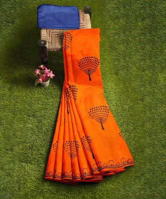 LOVWEAR Floral Print Daily Wear Pure Cotton Saree(Orange)
