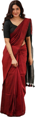 VERVE Solid/Plain Handloom Cotton Blend Saree(Red, Black)
