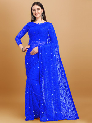 LOROFY Embellished Bollywood Net Saree(Blue)
