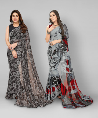 kashvi sarees Floral Print, Polka Print, Ombre, Printed Bollywood Georgette Saree(Pack of 2, Grey, Black)