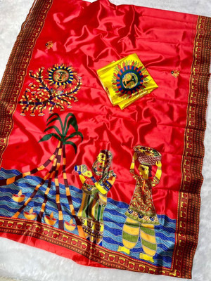 FULIYA SILK Digital Print Madhubani Silk Blend Saree(Red)