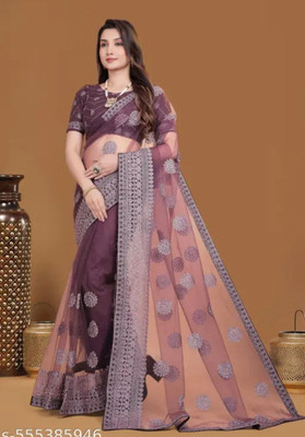 Vijay Fashion Embroidered Bollywood Net Saree(Purple)