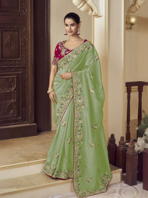 odette Embroidered Saree with Attached Blouse Georgette Saree(Green)