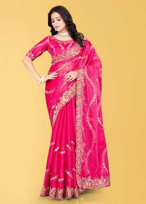 Mortile Designer Studio Embroidered Banarasi Georgette Saree(Pink)