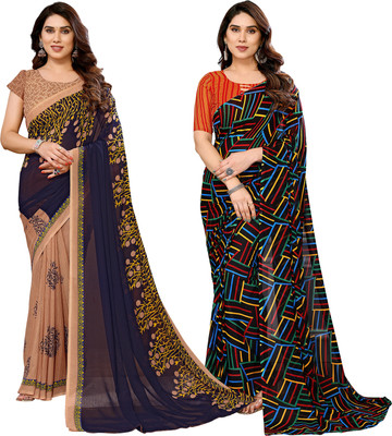 kashvi sarees Printed Daily Wear Georgette Saree(Pack of 2, Beige, Dark Blue, Multicolor)