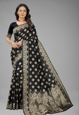 SAREEFLAME Woven, Embellished, Solid/Plain, Printed, Self Design, Floral Print, Digital Print, Dyed Banarasi Art Silk, Cotton Silk Saree(Black)