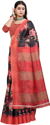 HouseOfCommon Printed Kanjivaram Pure Cotton, Chanderi Saree(Black, Red)