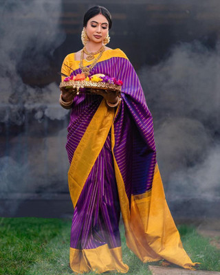 CENTURY CREATION Self Design Banarasi Jacquard Saree(Purple, Yellow)