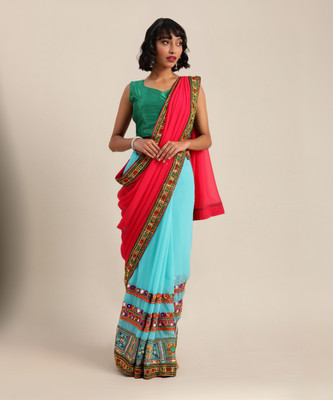 Divastri Embroidered Bollywood Georgette, Jacquard Saree(Pink, Light Blue)