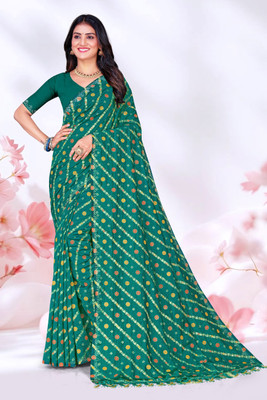sarees Printed, Geometric Print Bollywood Georgette, Silk Blend Saree(Green)