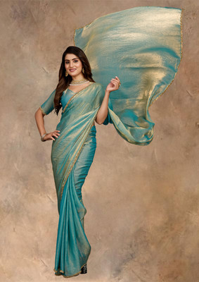 hutah Embellished Bollywood Chiffon, Silk Blend Saree(Light Blue)