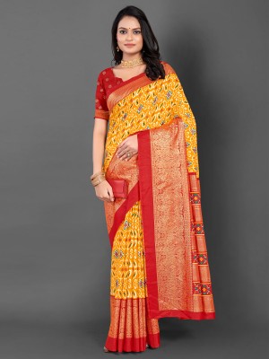 Divastri Printed Ikkat Silk Blend Saree(Yellow)