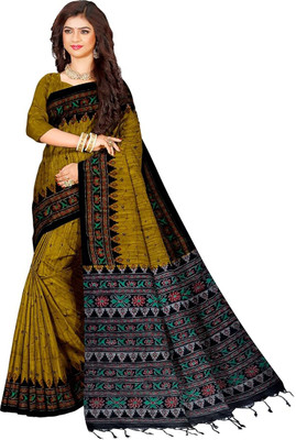 Joyguru Printed Handloom Cotton Blend Saree(Yellow)
