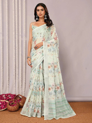 Janasya Floral Print Daily Wear Cotton Blend Saree(White)