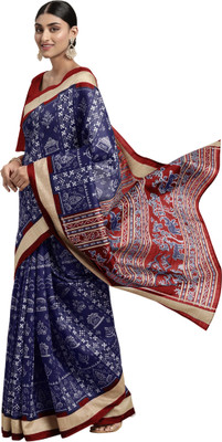 Akhilam Printed Sambalpuri Art Silk Saree(Dark Blue)
