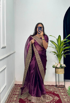 GOLDOLL FAB Embroidered Bollywood Organza Saree(Purple)