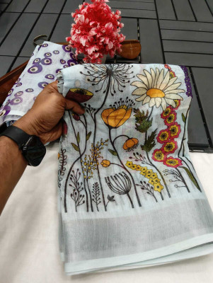 VISHNU Printed, Woven Kanjivaram Pure Cotton, Cotton Linen Saree(White)