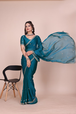 V AMAN FASHION Solid/Plain, Self Design, Embroidered Bollywood Chiffon, Jimmy choo Saree(Green)