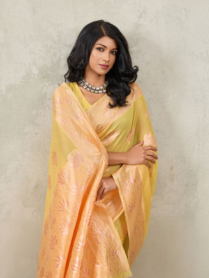 PRIMENIKS Woven Banarasi Cotton Silk Saree(Yellow)