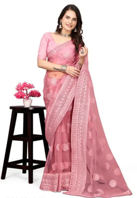 Vijay Fashion Embroidered Bollywood Net Saree(Pink)
