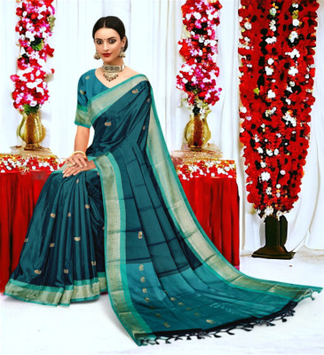 Dnyanada Embroidered Paithani Cotton Silk Saree(Light Blue, Blue)