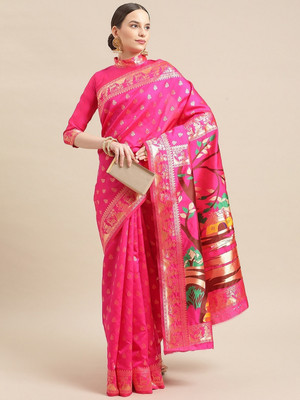 Divastri Woven Banarasi Art Silk Saree(Pink, Multicolor)