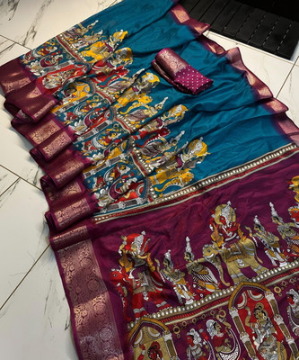 sadika Woven Mekhela Chador Silk Blend Saree(Light Blue, Purple)