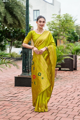 Pandadi Saree Printed Paithani Cotton Silk Saree(Yellow)