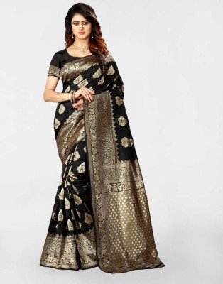 Samah Woven, Self Design Banarasi Art Silk Saree(Black, Gold)