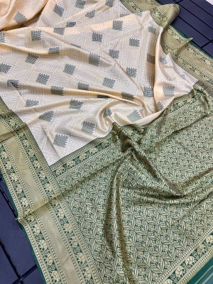 LADY SHOPI Self Design Banarasi Pure Silk Saree(White, Green)