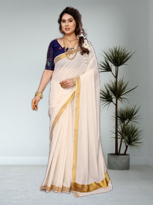 Saran Solid/Plain Kasavu Pure Cotton Saree(Cream)