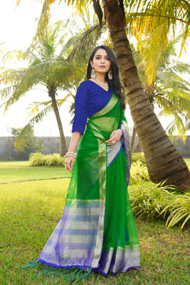 Aarunika IC Woven Bollywood Organza Saree(Dark Green)