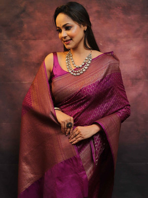 HEER FASHION Self Design Banarasi Pure Silk Saree(Purple)