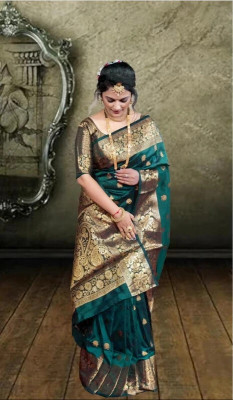 Om Creation Self Design Banarasi Silk Blend Saree(Green)