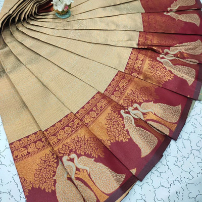 VASTUKALA Woven Kanjivaram Pure Silk, Art Silk Saree(Cream, Maroon)