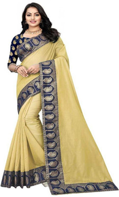 RAJESHWAR FASHION Solid/Plain Bollywood Cotton Blend, Chanderi Saree(Cream)
