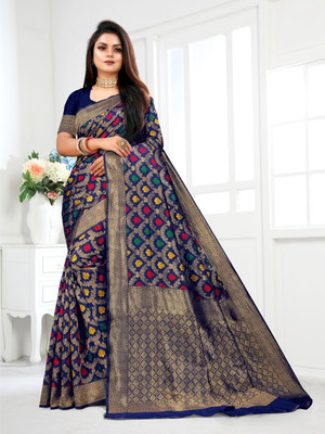 VARNI DESIGNER HUB Floral Print Banarasi Silk Blend Saree(Dark Blue)