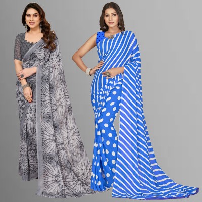 Anand Sarees Floral Print, Polka Print, Ombre, Printed Bollywood Georgette Saree(Pack of 2, Light Blue, Grey)