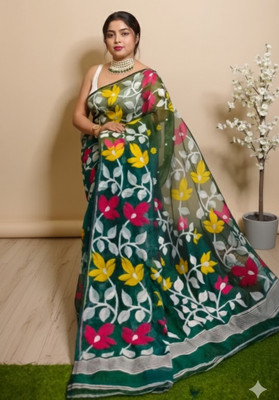 TUYA Woven Jamdani Cotton Silk Saree(Dark Blue)